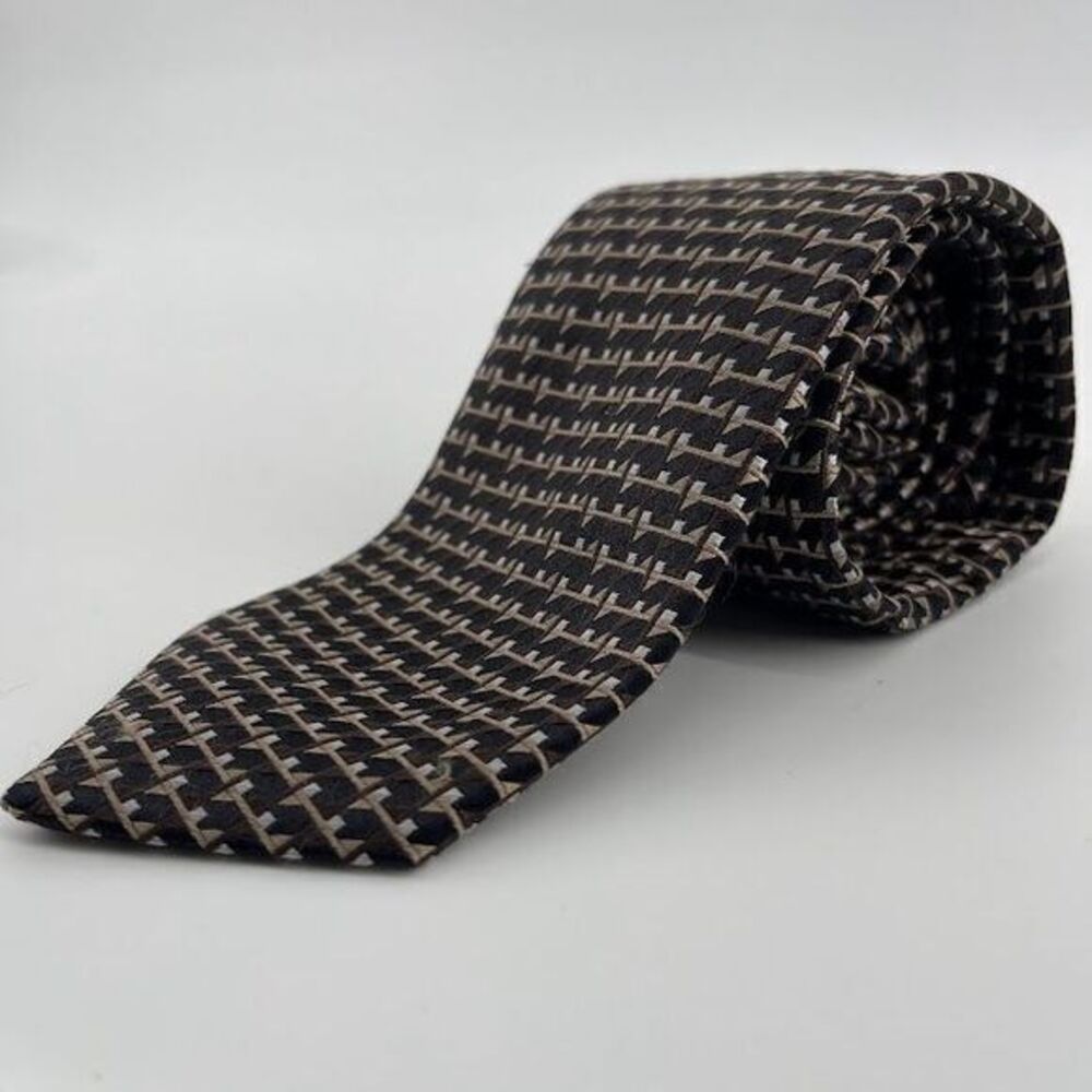 Hugo Boss Black/Gold/Silver Geometric‎ Seta Soie Silk Handmade Tie